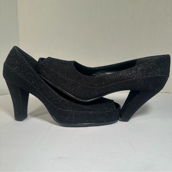 AA2 by Aerosoles Black Glitter Heels Sz 7.5 Womens Sparkle Dress Open Toe Slip-O - Picture 4 of 9